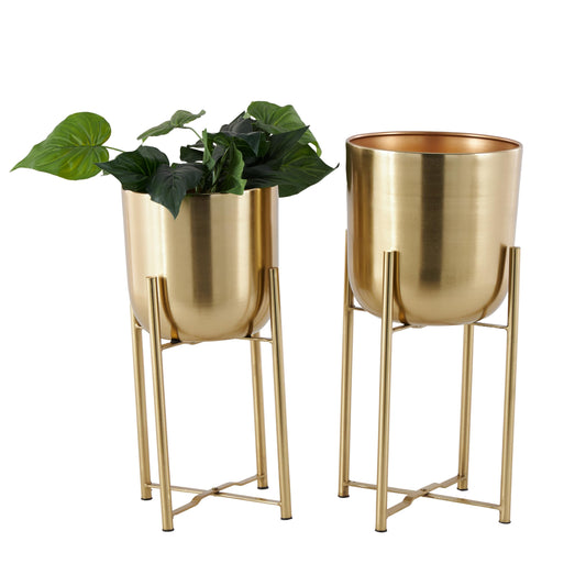 CosmoLiving by Cosmopolitan Metal Indoor Outdoor Planter Dome Large Planter Pot with Removable Stand, Set of 2 Planters 19", 22"H, Gold