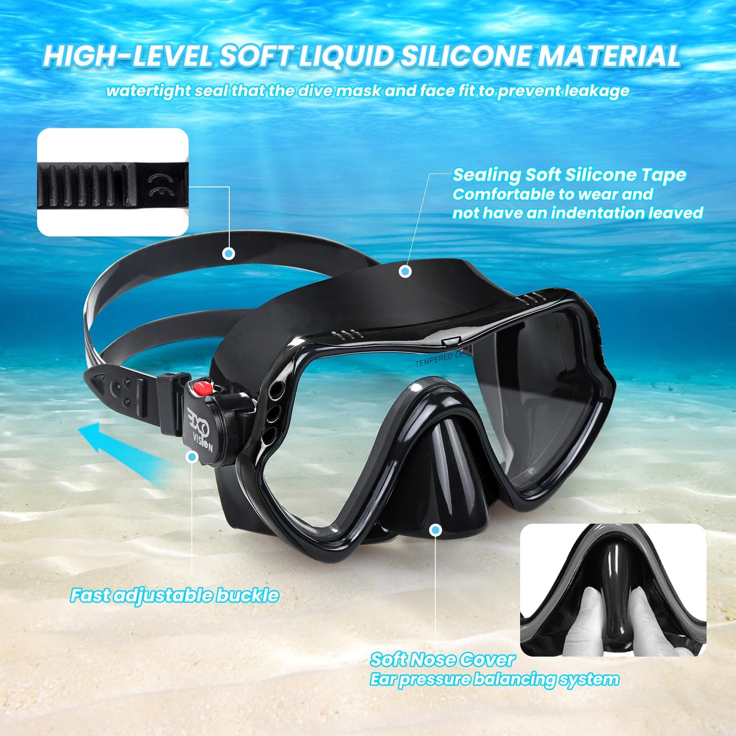 Snorkel Diving Mask, Professional Snorkeling Mask Gear, Ultra Clear Lens with Wide View Tempered Glass Goggles,Anti Leakage Scuba Mask, Silicone Swimming Goggles Mask for Adults, 3 Color (Black)