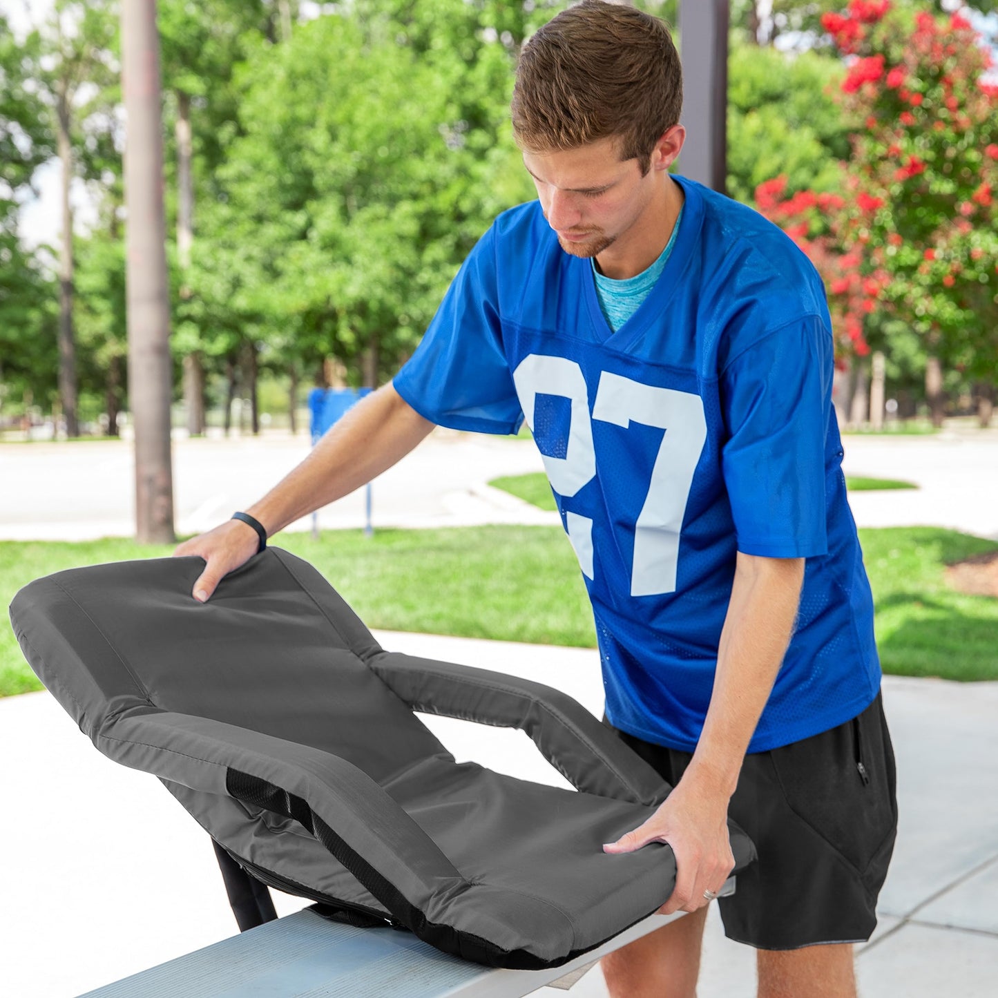 Camco Portable Stadium Seat | Ideal for Benches, Picnics, The Beach, Outdoor Concerts, Sporting Events, and More | Grey (53101)