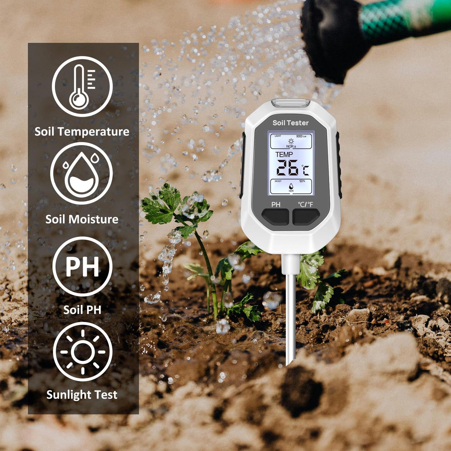 YAMRON 4-in-1 Soil Moisture Meter Digital Plant Temperature/Soil Moisture/PH Meter/Sunlight Intensity Backlight LCD Display Soil Test Meter for Gardening, Farming and Outdoor Plants
