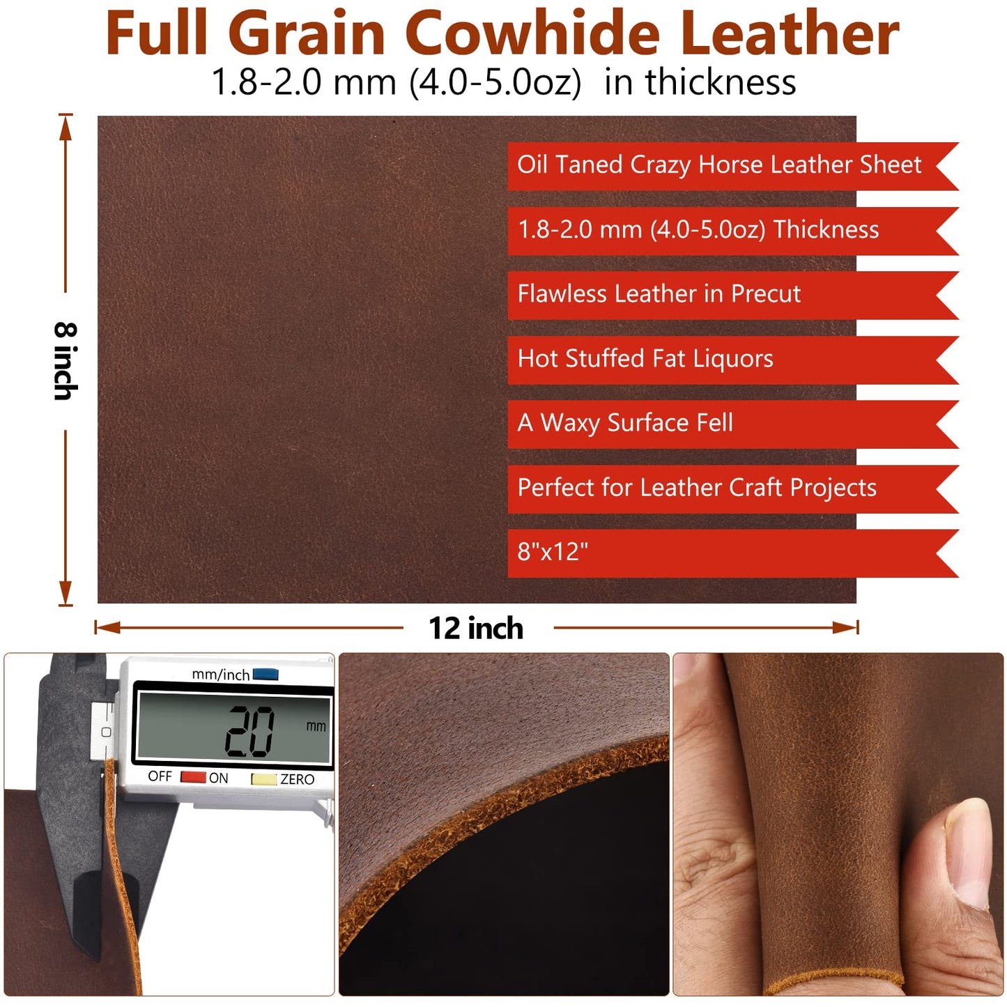 Genuine Leather Tooling Sheets 1.8-2.0MM Thick Full Grain Oil Tan Crazy Horse Cowhide Leather Sheets for Crafts Tooling Sewing Wallet Earring Hobby (Brown, 8"x12")