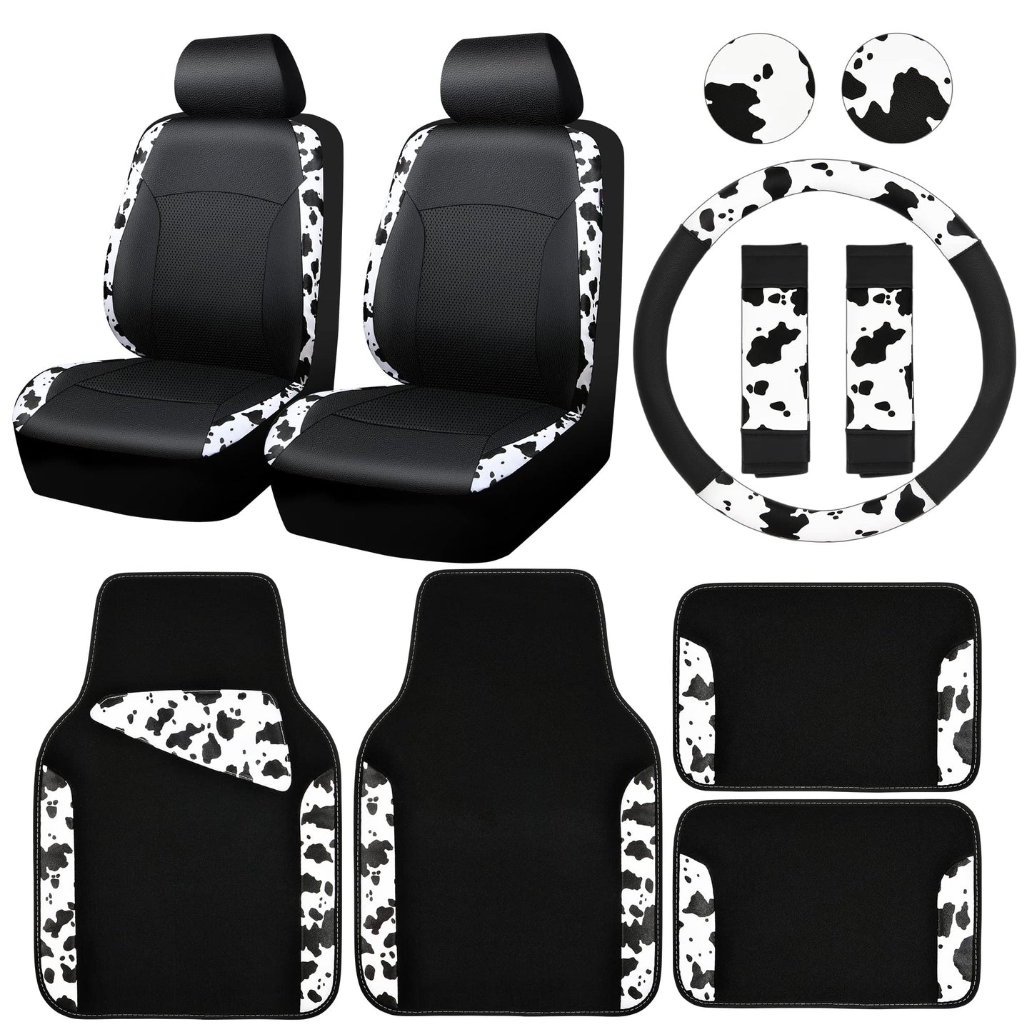 CAR-PASS Cow Print Car Accessories Sets Faux Leather Car Seat Covers & Cow Car Mats & Cow Steering Wheel Cover Seat Belt Pads Universal fit for SUV,Van,Saden,Truck Cute Automobile Interior Sets Women