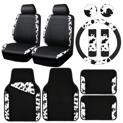 CAR-PASS Cow Print Car Accessories Sets Faux Leather Car Seat Covers & Cow Car Mats & Cow Steering Wheel Cover Seat Belt Pads Universal fit for SUV,Van,Saden,Truck Cute Automobile Interior Sets Women