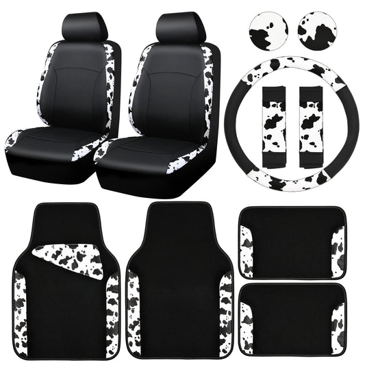 CAR-PASS Cow Print Car Accessories Sets Faux Leather Car Seat Covers & Cow Car Mats & Cow Steering Wheel Cover Seat Belt Pads Universal fit for SUV,Van,Saden,Truck Cute Automobile Interior Sets Women