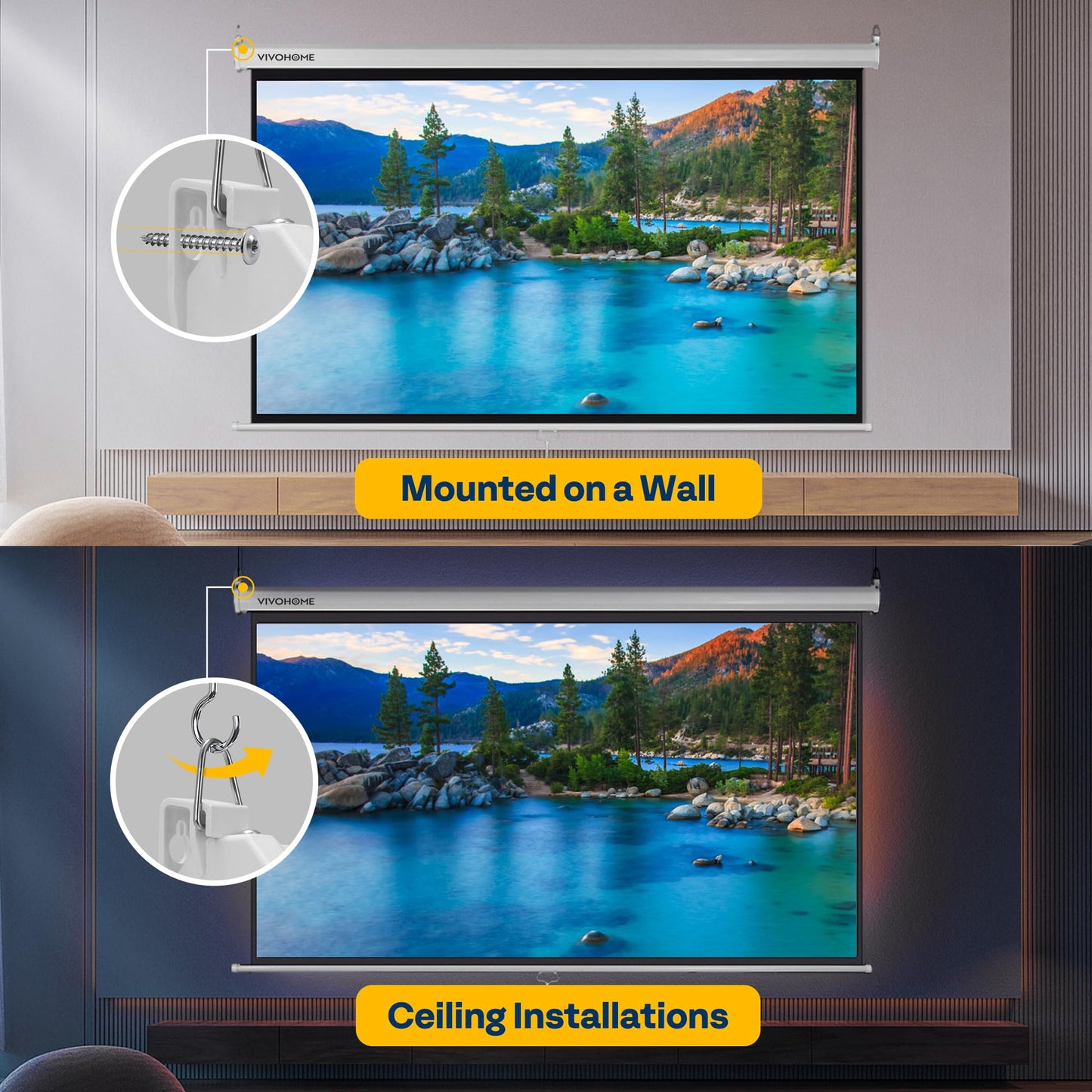 VIVOHOME Projector Screen Pull Down, 16:9 100 Inch Retractable Projection Screen, HD 4K Manual Pull Movie Screen for Home Theater, Cinema, Office (87x49 Inch White)