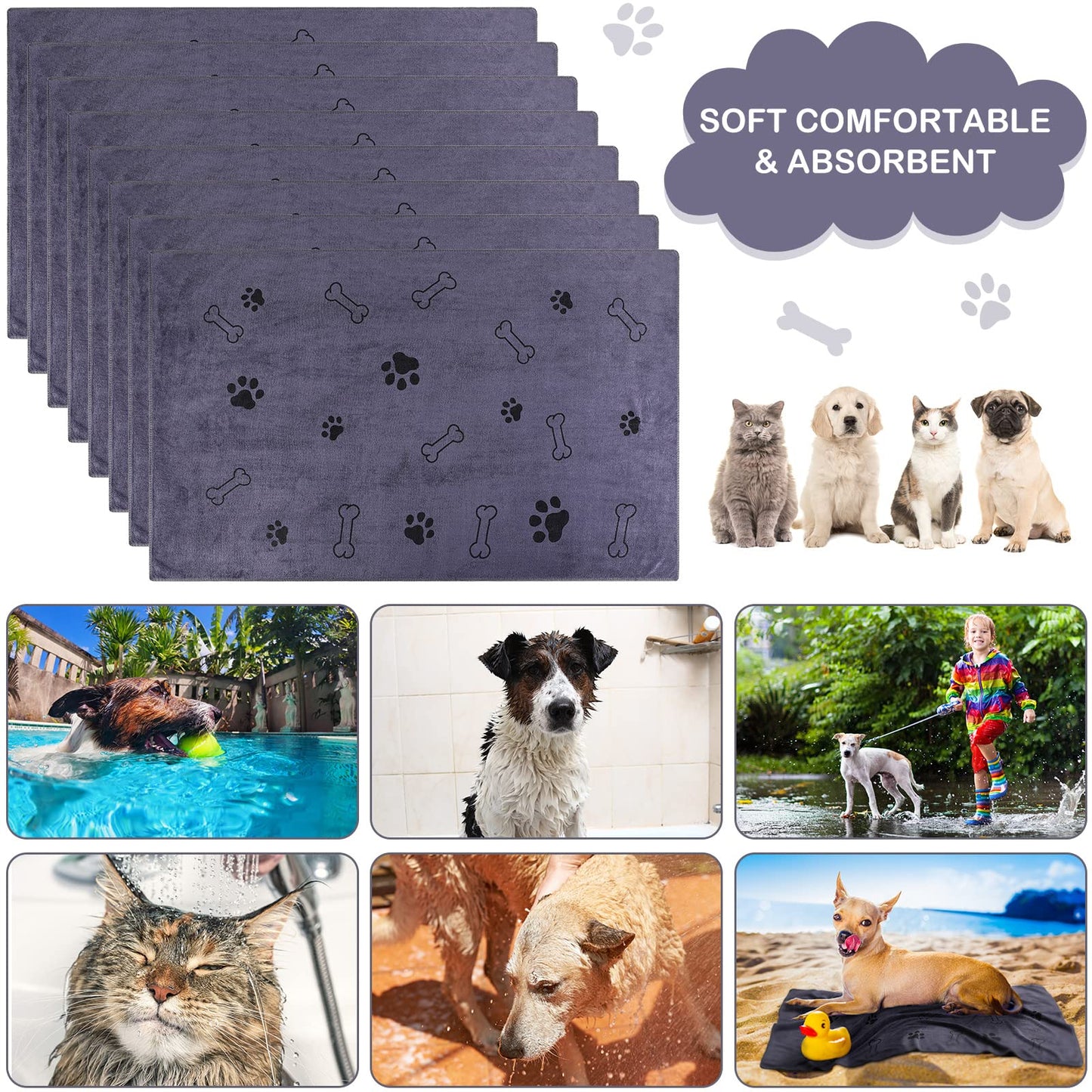 Chumia 8 Pcs Dog Towels for Drying Dogs Cats Pet Towels Bulk Puppy Microfiber Quick Drying Paw Bath Bathing Supplies Absorbent for Medium Pets(Gray,18 x 28 Inch)