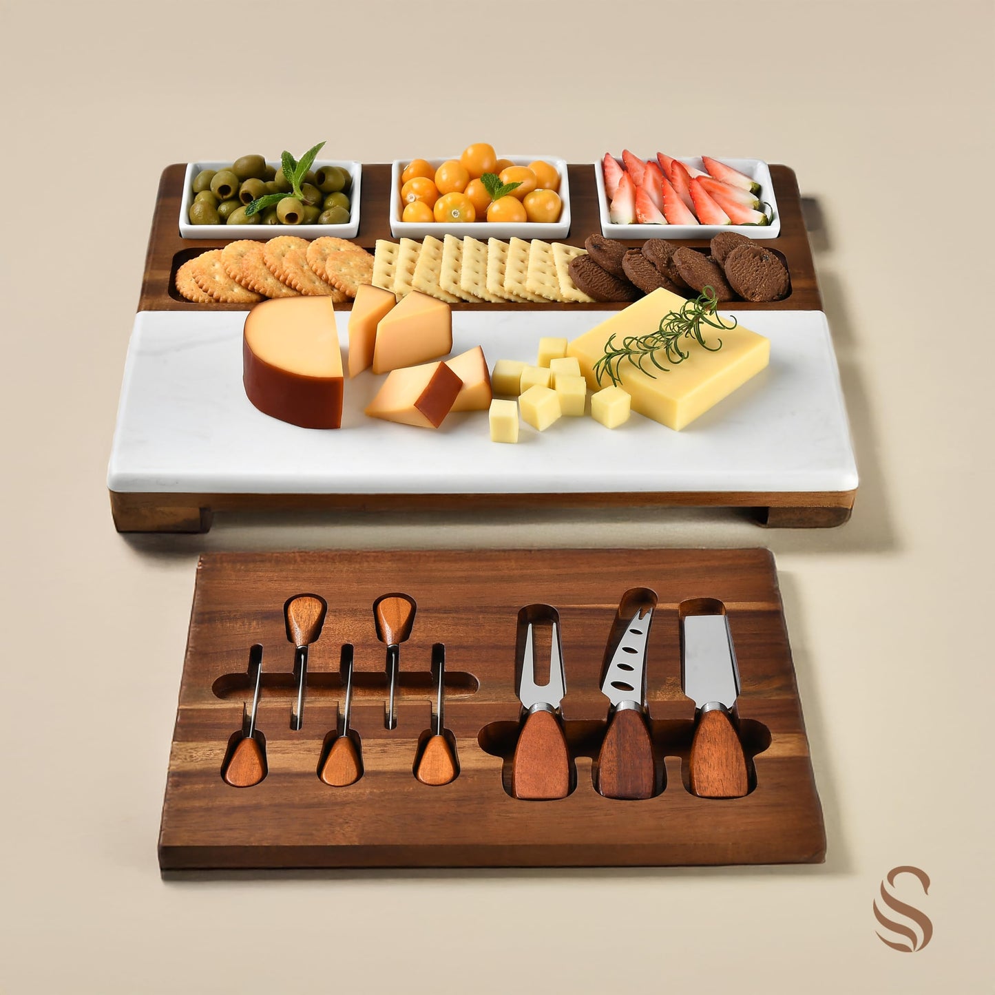 Shanik Wood - Marble Cheese Board Set with 3 Ceramic Bowls - Stainless Steel Cutlery Set, Charcuterie Board Set & Gift for Any Occasion (Without Engraving)