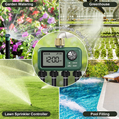 4 Outlet Sprinkler Timer Brass, Programmable Garden Hose Timer with Rain Delay, Manual& Automatic Watering System, Waterproof Gardening Supplies Irrigation Controller for 4 Separate Water Zones