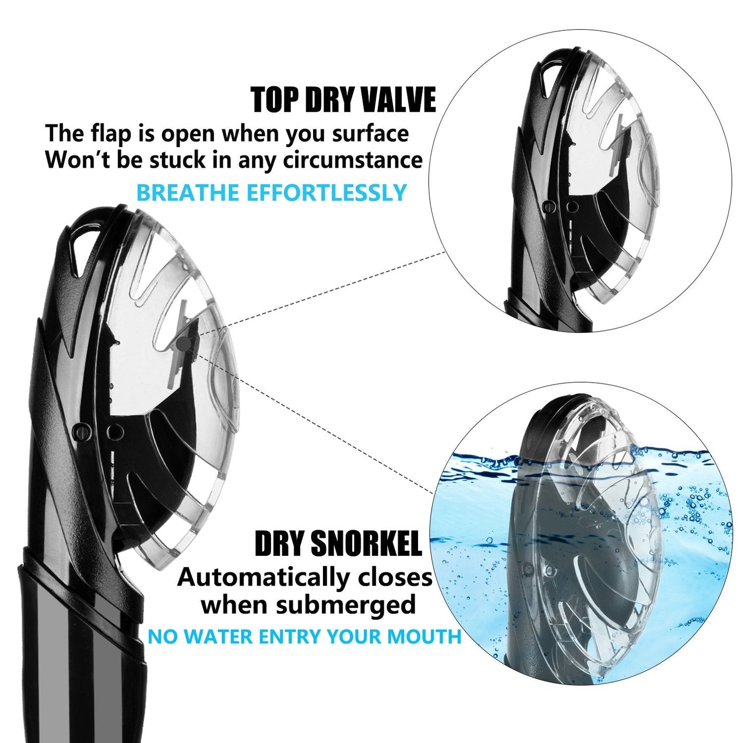Aegend Dry Snorkel, Easy-Breath Free Diving Snorkel for Snorkeling Scuba Diving Freediving Swimming, with Top Dry Valve and Food-Grade Silicone Mouthpiece for Adult Youth, Black
