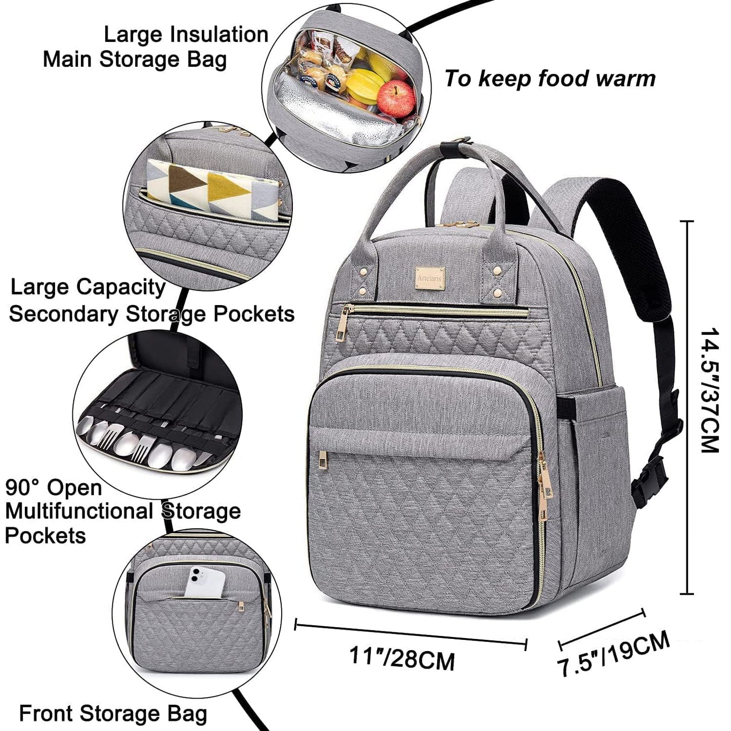 Artelaris Stylish Insulated Lunch Backpack for Women , Waterproof Travel Cooler Bag for Teacher Nurse Work School Picnic Book