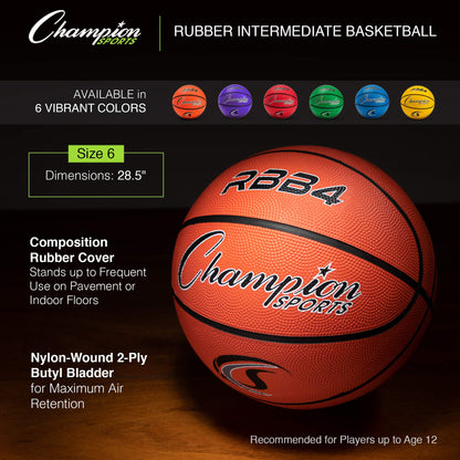 Champion Sports Rubber Intermediate, Heavy Duty - Pro-Style Basketballs, Various Sizes - Premium Basketball Equipment, Indoor Outdoor - Sports Education Supplies (Size 6, Orange)