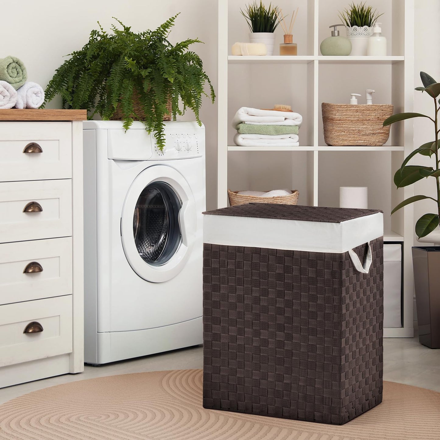 YOUDENOVA Handwoven Laundry Basket Hamper with Removable Liner Bag and Lid, Collapsible Clothes Hamper with Handle, Brown