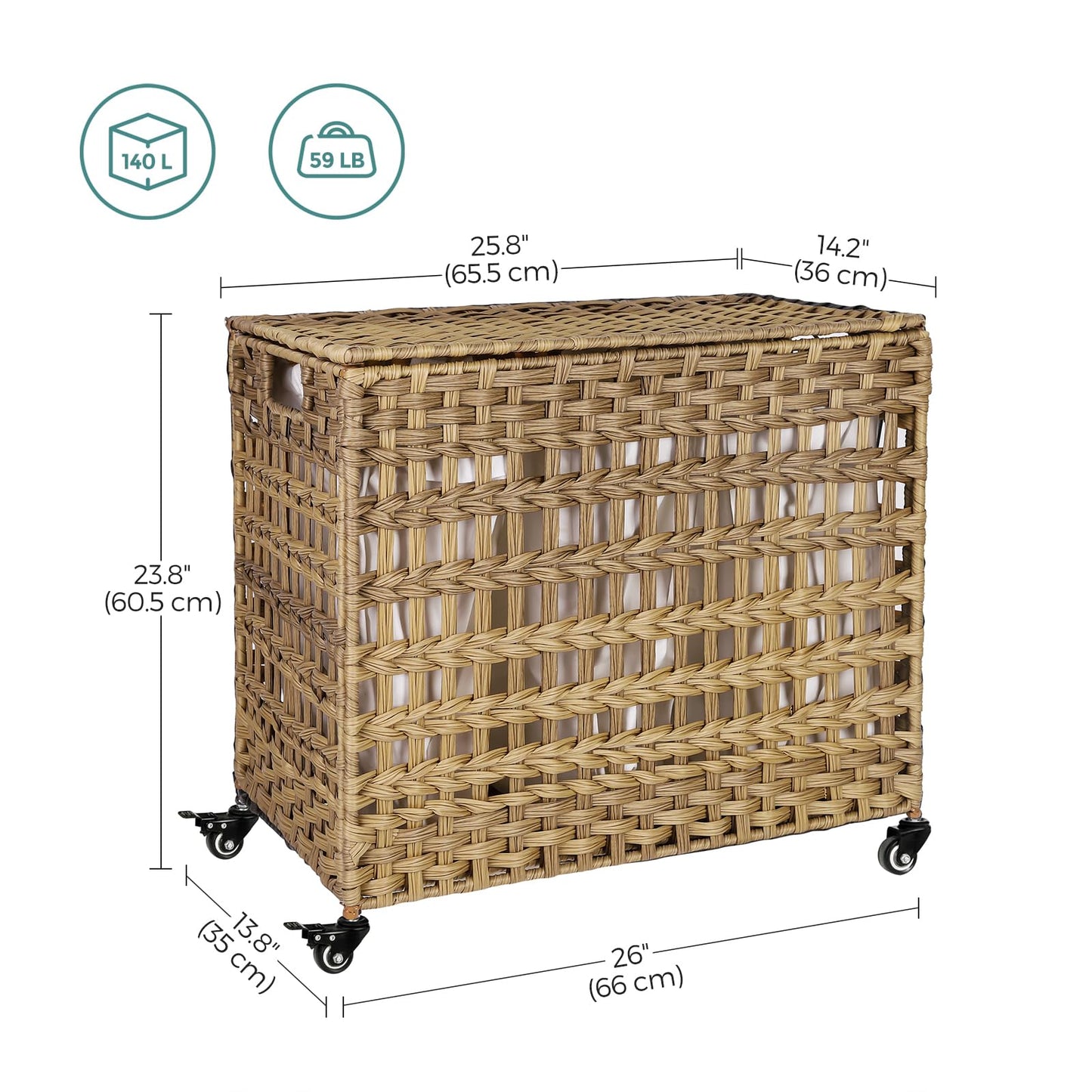SONGMICS Laundry Hamper with Lid, 140L Synthetic Rattan Laundry Basket with Wheels, Clothes Hamper with 3 Removable Liner Bags, 3-Section Hampers with Handles, Laundry Room, Natural ULCB083N01