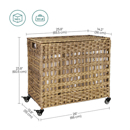 SONGMICS Laundry Hamper with Lid, 140L Synthetic Rattan Laundry Basket with Wheels, Clothes Hamper with 3 Removable Liner Bags, 3-Section Hampers with Handles, Laundry Room, Natural ULCB083N01