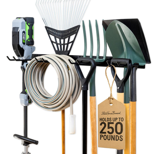 StoreYourBoard Wall-Mounted Rack With 4 Garage Hooks – Heavy-Duty Steel Holder Garage & Garden Storage for Shed, Workshop, or Home Organization – For Rakes, Shovels, Tools & More – 1 Pack, Black