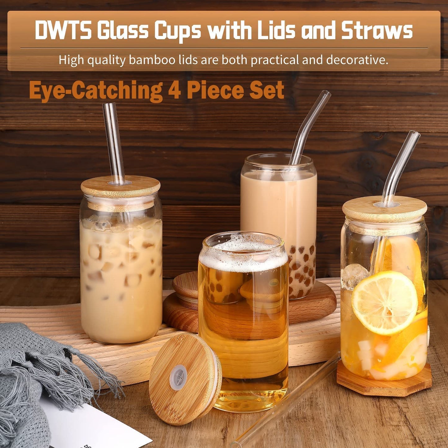 DWTS DANWEITESI Glass Cups with Lids and Straws 4 pcs,16oz Drinking Glasses Set for Coffee Bar Accessories Iced Coffee Cups with Lids,Glass Tumbler Reusable for Gifts