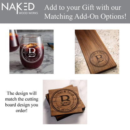 Custom Cutting Board – Personalized Wedding Gift & Bridal Shower Gift with Names & Date – Handmade in USA, (Wood Coasters, Display Stand & Gift Wrap options) – Keepsake Gift Idea for Couples