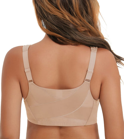 HACI Women's Front Closure Posture Bra Full Coverage Back Support Wireless Unpadded(Beige,38DD)