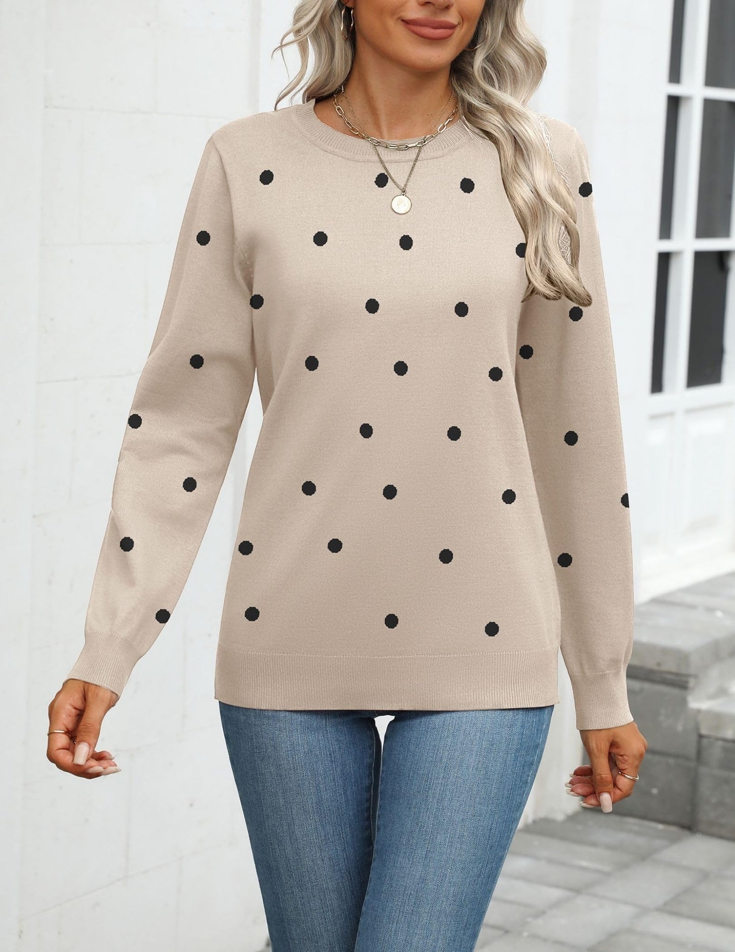 Zeagoo Womens 2025 Fall Sweaters Long Sleeve Tops Classic Crew Neck Pullover Sweaters Loose Dressy Polka Dot Basic Tops