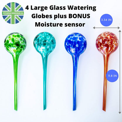 Cotswold Homeware Co Plant Watering Globes - Plant Watering Devices - Plant Watering Bulbs - Self Watering Spikes -Decorative Hand Blown Glass - Watering Bulbs - Free Moisture Meter 4 Large Size