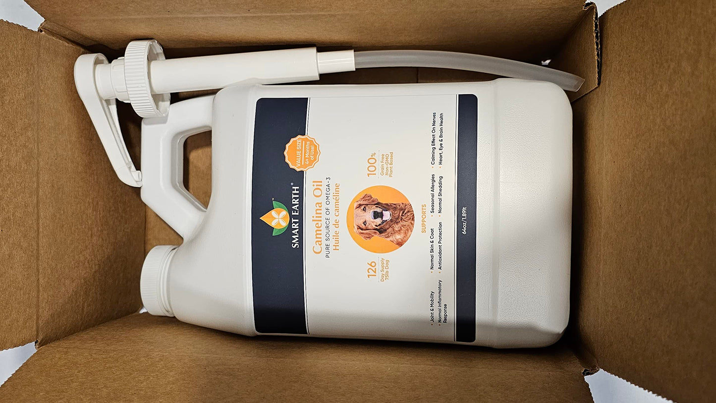 Smart Earth Camelina Oil for Dogs - Omega 3, 6, 9 Supplement for Healthy Skin, Shiny Coat & Flexible Joints - Dog Joint Supplement - Natural Canine Wellness - Omega 3 for Dogs (Pump Included - 64oz)