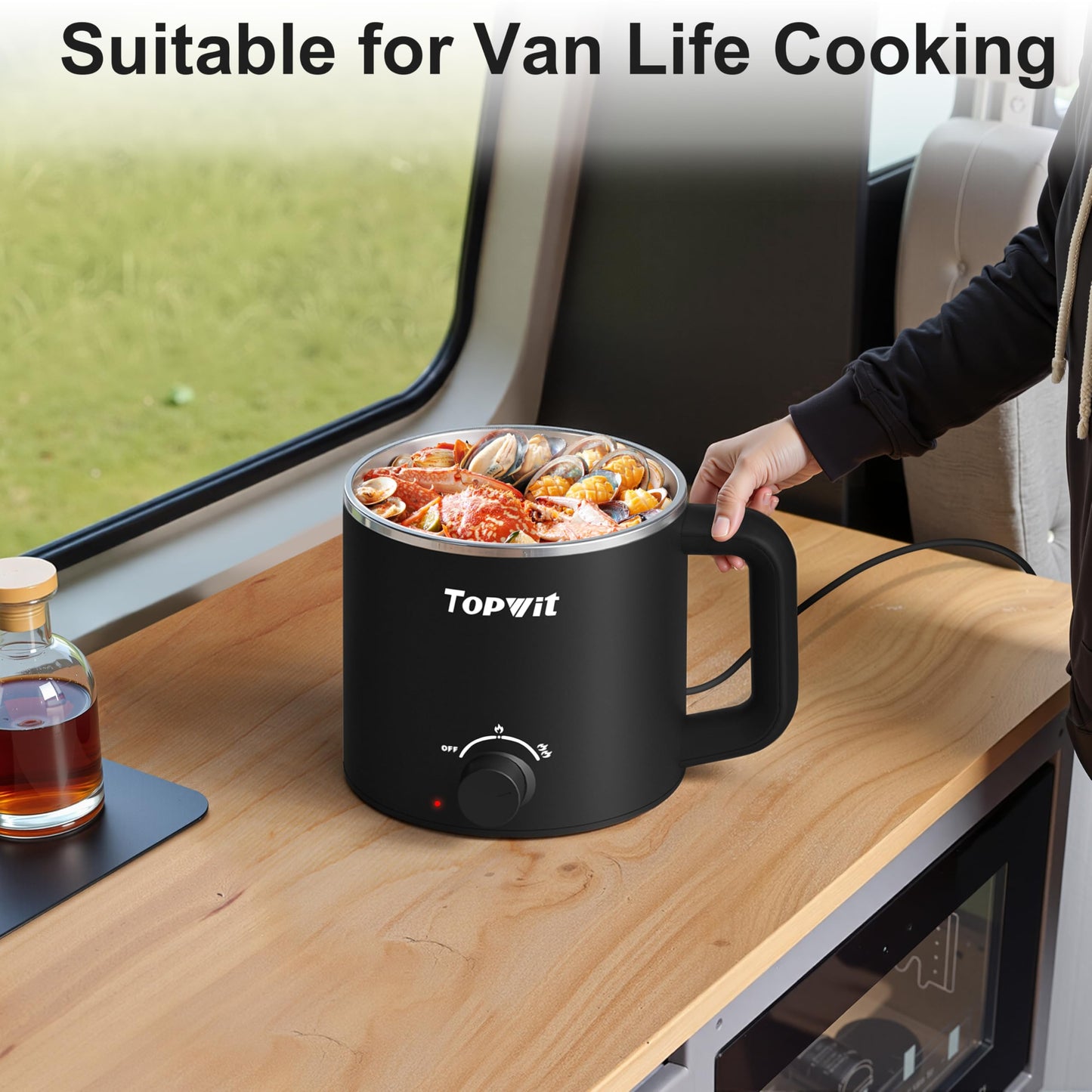 Topwit Hot Pot Electric, Electric Pot, 1.6L Ramen Cooker, Multifunctional Cooker for Pasta, Shabu-Shabu, Oatmeal, Soup and Egg with Over-Heating Protection, Boil Dry Protection, Black