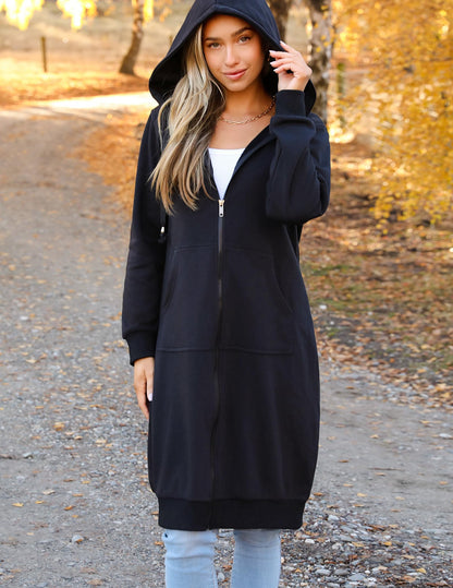 Zeagoo Women Casual Zip up Hoodies Fleece Tunic Sweatshirt Oversized Long Hoodie Jacket with Pocket Black