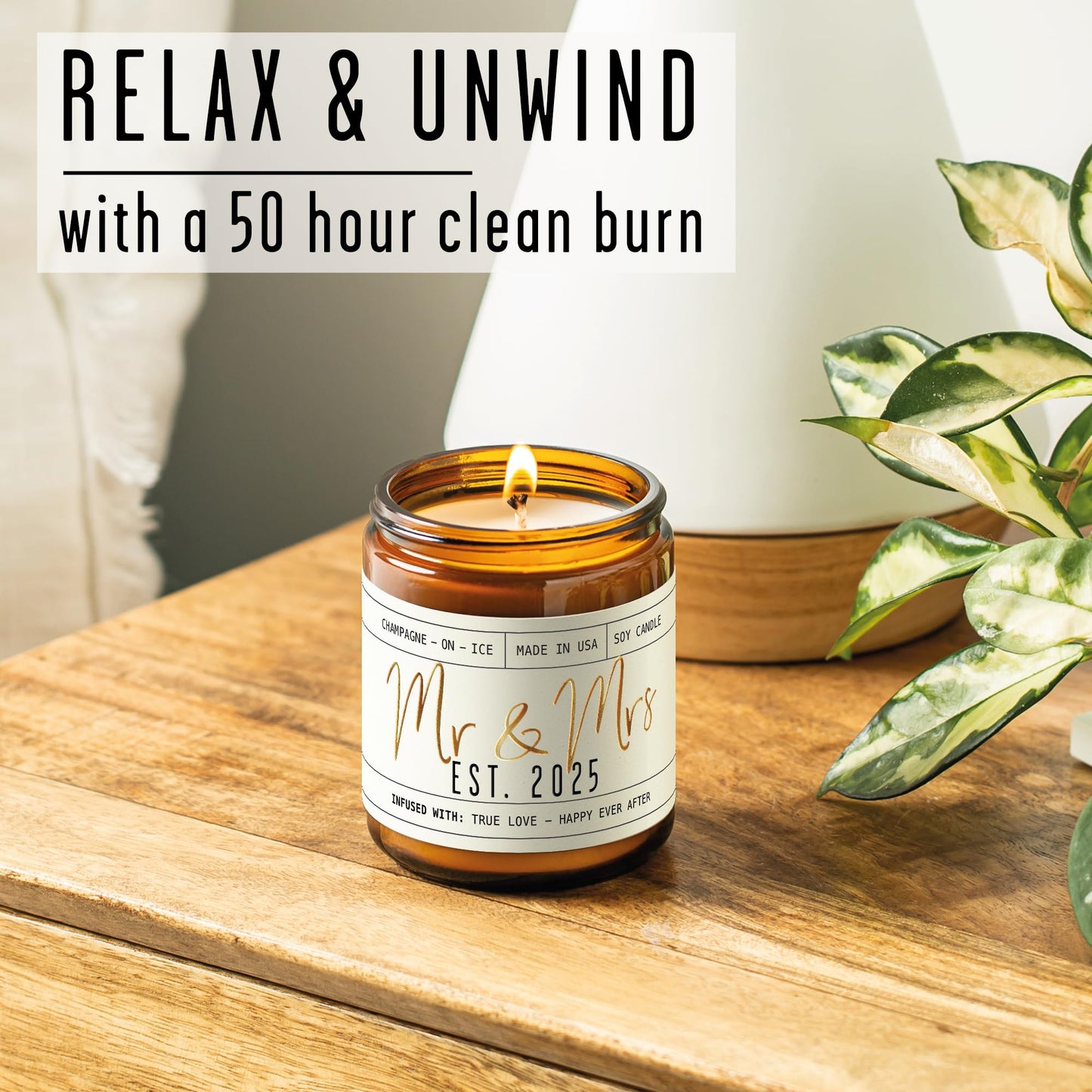 Wedding Gifts for Couples 2025, Bridal Shower Gifts from Bride - 'Mr & Mrs Est. 2025 Candle, w/Champagne on Ice I Wedding Shower for Newlyweds I 50Hr Burn, USA Made