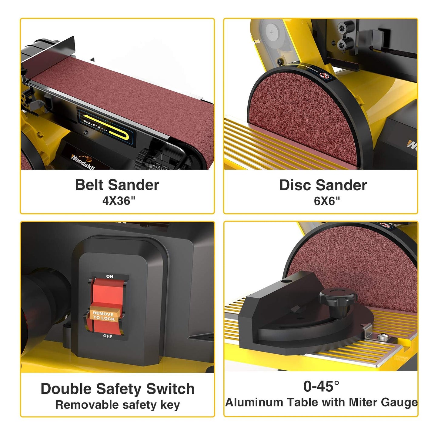 Woodskil 4.3A Belt Sander, 4 x 36 in. Belt & 6 in. Disc Sander, Double Dust Exhaust Port, Steel Base, 2Pcs Sandpapers Included