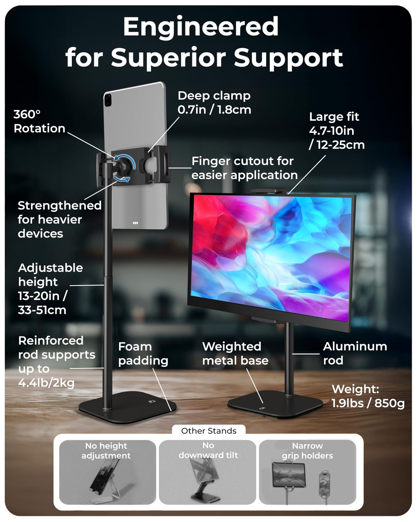 COOPER TabStand Height Adjustable iPad Stand for Desk, Heavy-Duty 7-17" Tablet Holder & Portable Monitor Stand | 4.4lb Holding Strength | iPad Holder for Pro, Air, Mini, Kindle (Night Black)