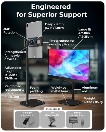 COOPER TabStand Height Adjustable iPad Stand for Desk, Heavy-Duty 7-17" Tablet Holder & Portable Monitor Stand | 4.4lb Holding Strength | iPad Holder for Pro, Air, Mini, Kindle (Night Black)