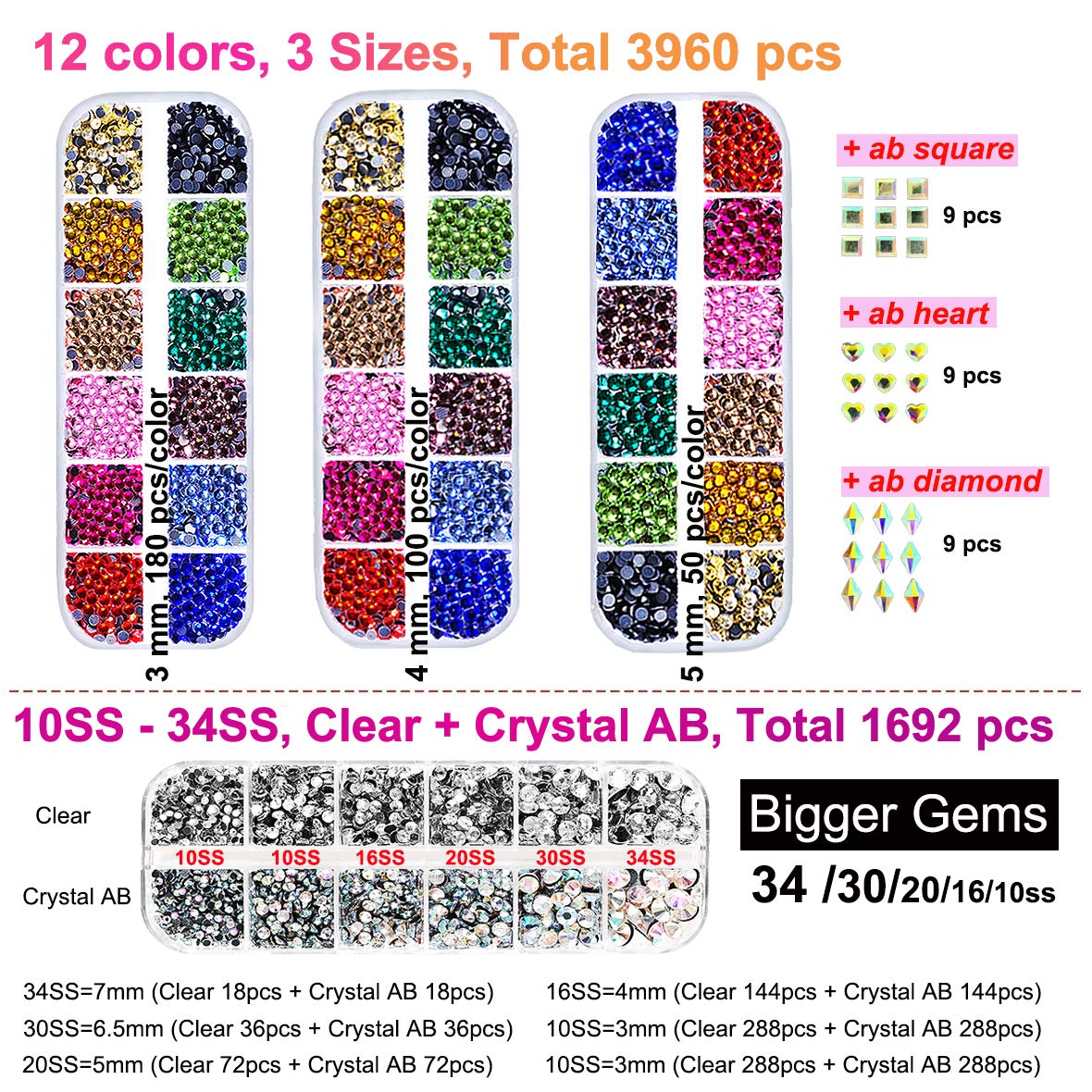 esseelove Hotfix Applicator Tool, DIY Hot Fix Rhinestone Setter, Hot Fixed Kit, 5679 Pcs, AB, Clear, 34/30/20/16/10SS, 12 Colors, Bigger Rhinestones, Gem Picker, Bedazzler Kit with Rhinestones