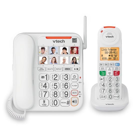 VTech SN5147 Amplified Corded/Cordless Senior Phone with Answering Machine, Call Blocking, 90dB Extra-Loud Visual Ringer, One-Touch Audio Assist on Handset up to 50dB, White