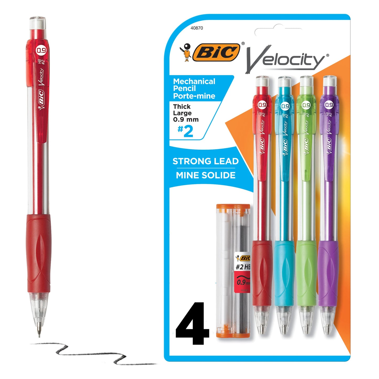 BIC Velocity Strong Lead Mechanical Pencils, With Colorful Barrel, Thick Point (0.9mm), 4-Count Pack Mechanical Pencils With Erasers