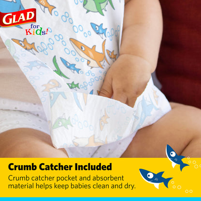 Glad for Kids Shark Paper Disposable Bibs with Crumb Catcher for Feeding - Absorbent and Leakproof Eating and Travel Must Haves for Mess-Free Meals, 30 Count