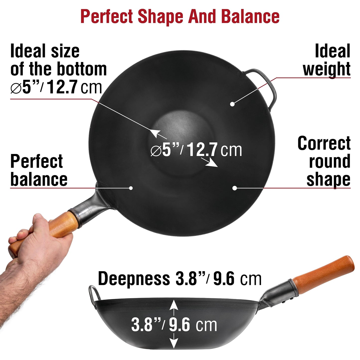 YOSUKATA 13.5" Carbon Steel Wok Pan – Pre-Seasoned Flat Bottom Pow Wok for Stir Fry, BBQ, Grill & Camping – Traditional Japanese Chinese Cookware – Compatible with Induction, Electric, Gas, Open Fire