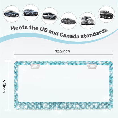 QUANQIUFEI 2 Pack Bling License Plate Frames, Sparkly Rhinestone Diamond Car License Plate Cover for Women, Stainless Steel Car Accessories with Glitter Crystal Caps (Aqua Bohemica)