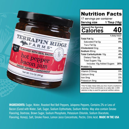 Terrapin Ridge Farms Hot Pepper Bacon Jam – Sweet & Spicy Spread with Real Bacon & Jalapeño – Gourmet Condiment for Cheese, Meats, and Appetizers – 10.5 oz Jar