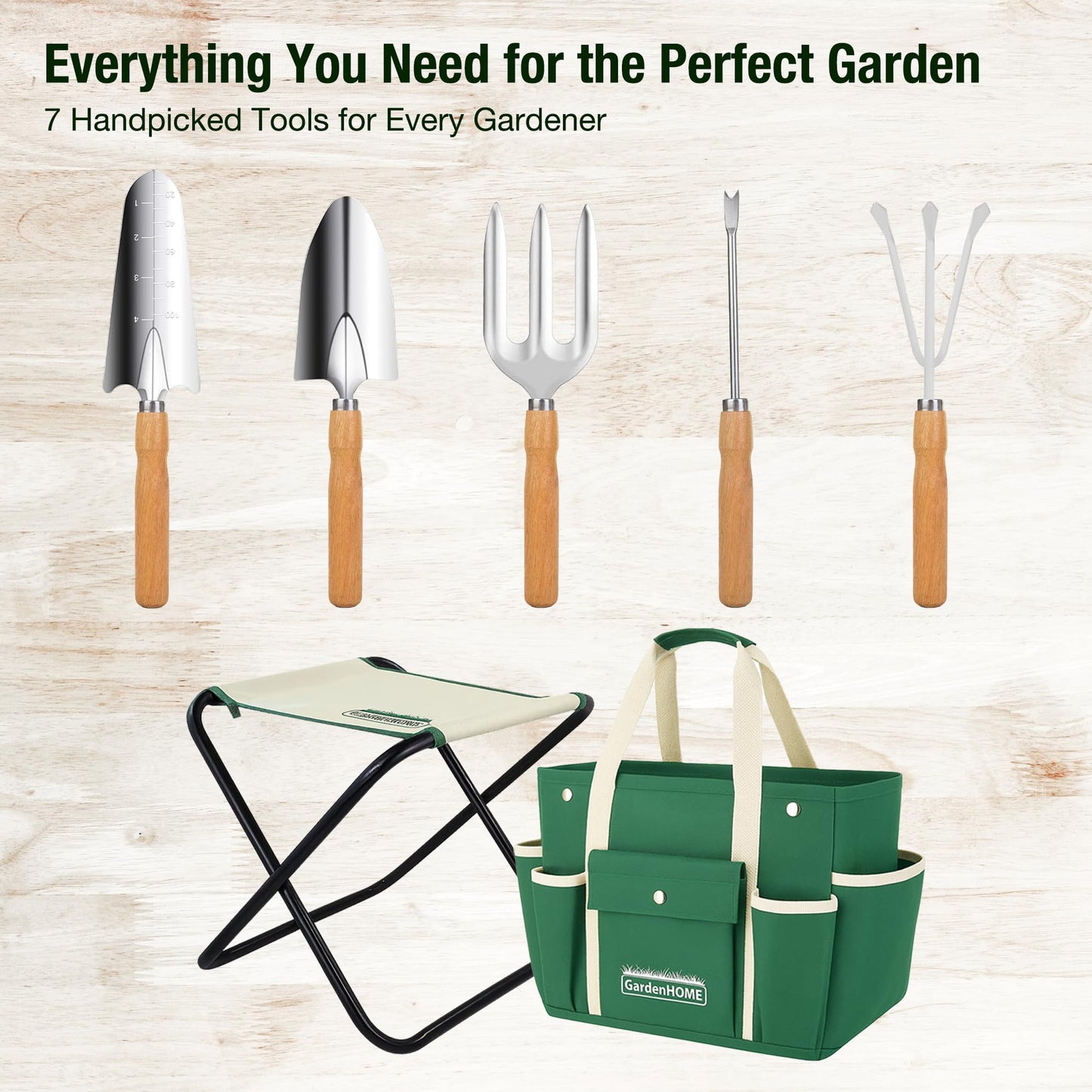 GardenHOME 7-Piece Gardening Tool Set – Stainless Steel Hand Tools with Wooden Handles, Folding Stool, and Canvas Tote Bag, Yard Maintenance Kit for Gardeners, Women, and Beginners
