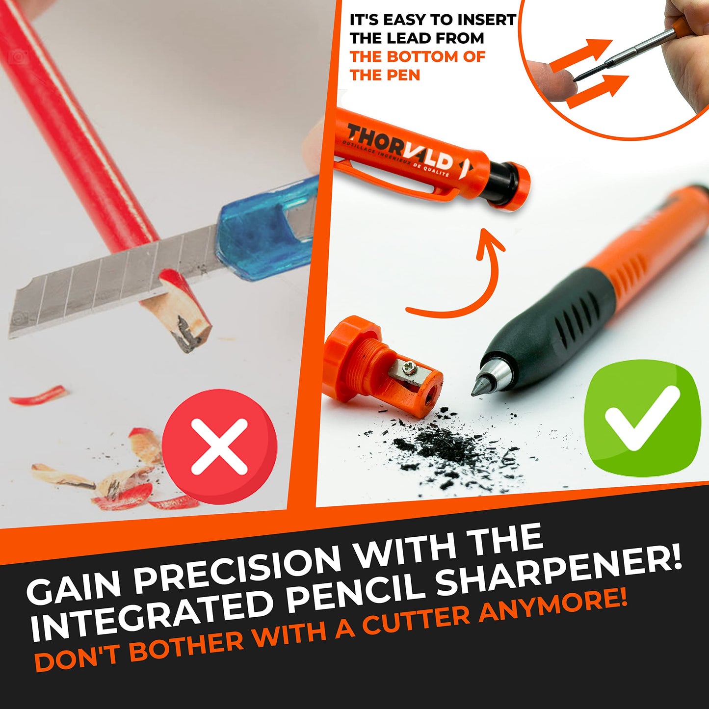 THORVALD New 2-in-1 Carpenter Pencils with Finger Grip for Carpenter (Incl. 7 Leads + Sharpener) Solid Mechanical Pencils with Fine Point/Best Marking tools Construction/Carpenters/Scriber