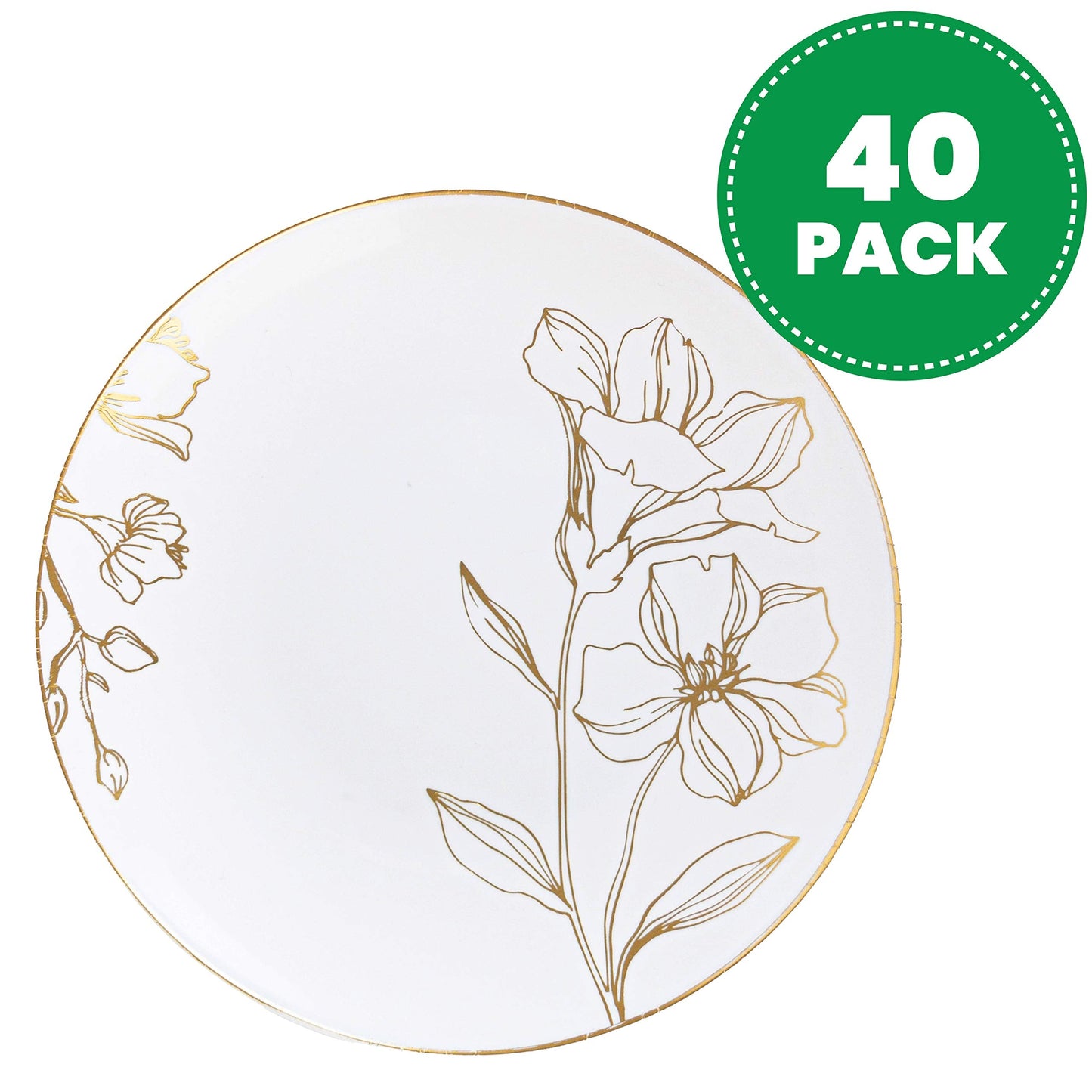 [6'' Plates 40 Count] White Plastic Floral Design Party Plates With Gold Rim Premium heavyweight Elegant Disposable Tableware Dishes