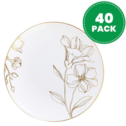 [6'' Plates 40 Count] White Plastic Floral Design Party Plates With Gold Rim Premium heavyweight Elegant Disposable Tableware Dishes