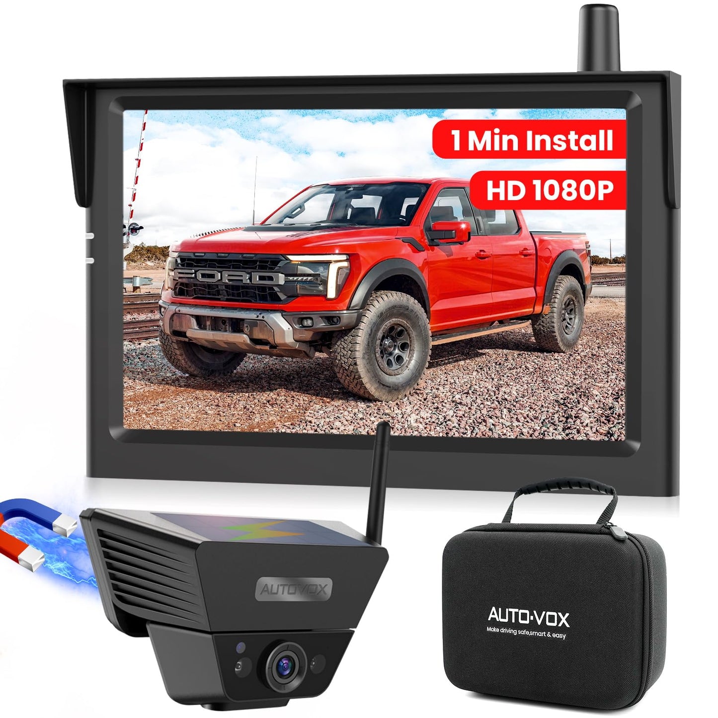 AUTO-VOX Wireless Backup Camera Solar Magnetic: 1-Min DIY Install, 5" 1080P Hd Dual Channel Monitor, Protective Carry Case, Stable Signal, IP69 Waterproof Back Up Systems Camera for Truck,Car,Trailer