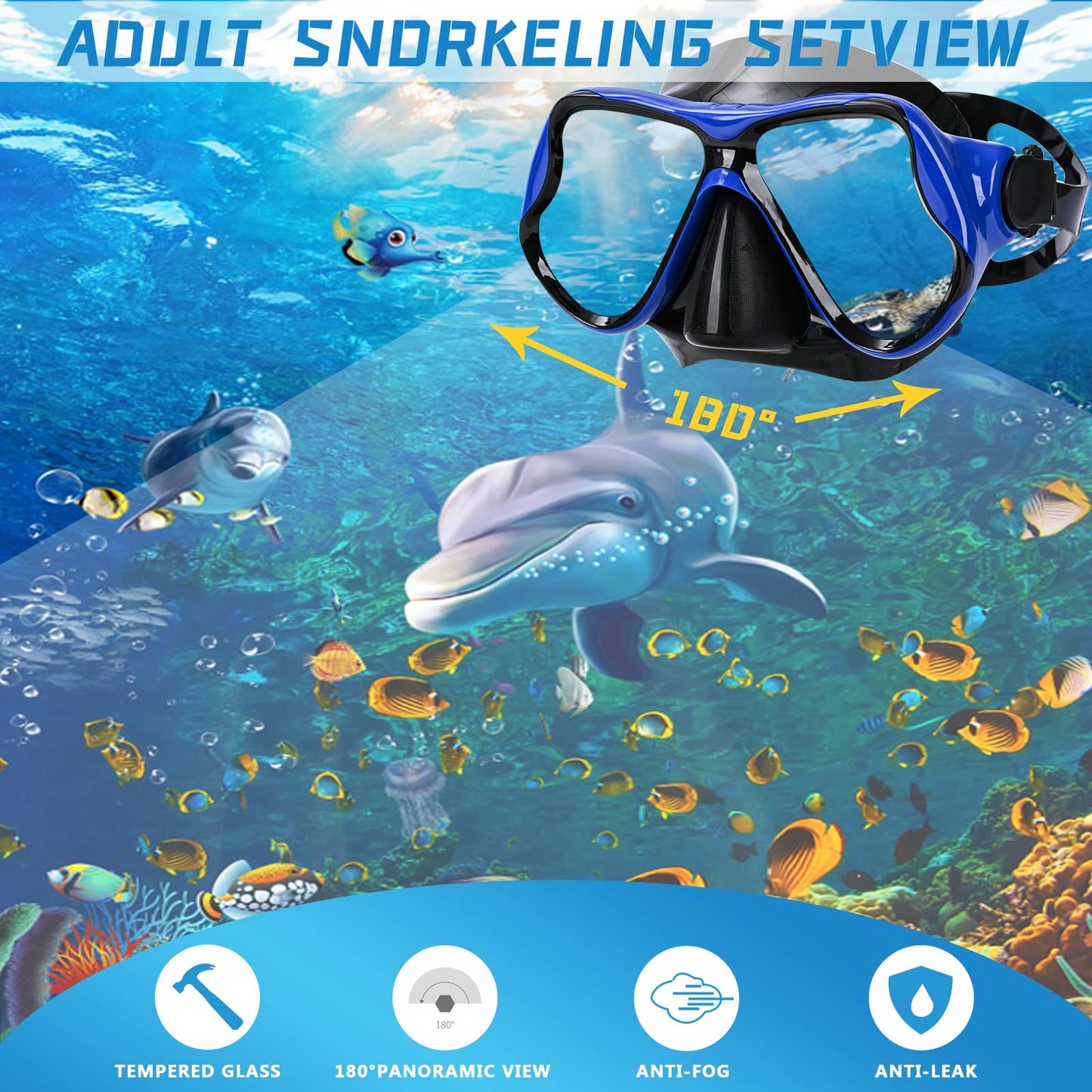 DIPUKI Snorkeling Gear for Adults Snorkel mask Set Scuba Diving mask Dry Snorkel Swimming Glasses Swim Dive mask Nose Cover Youth Diving (Blue+Yellow（2 Pack）)
