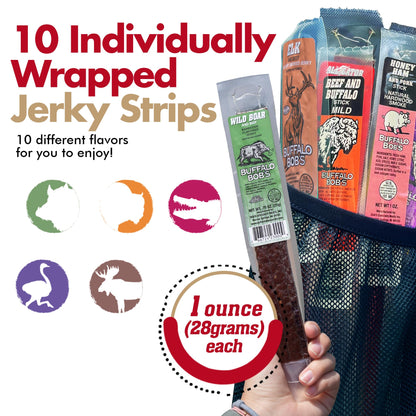 Buffalo Bob's Exotic Jerky (10 Pack) | Meat Snack Variety Set | Gourmet Wild Game Sampler Gift Set | Beef Jerky Gifts for Men | Snacks for Fathers | Animal Protein Variety Set | Exotic Pack