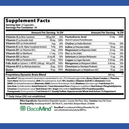 Stonehenge Health Dynamic Brain Supplement – New Formula with BacoMind for Memory Acquisition, Retention, & Recall with 40 Unique Nootropic: Choline, Phosphatidylserine, and Huperzine A