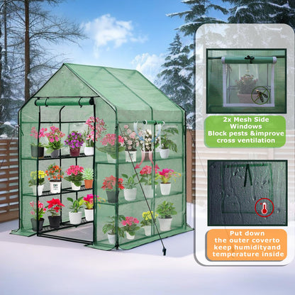 Purlyu Walk-in Greenhouse for Outdoors, Thickened PE Cover & Heavy Duty Powder-Coated Steel, Mesh Door & Screen Windows, 14 Sturdy Shelves 4.7x4.7x6.4 FT, (GHW002G)