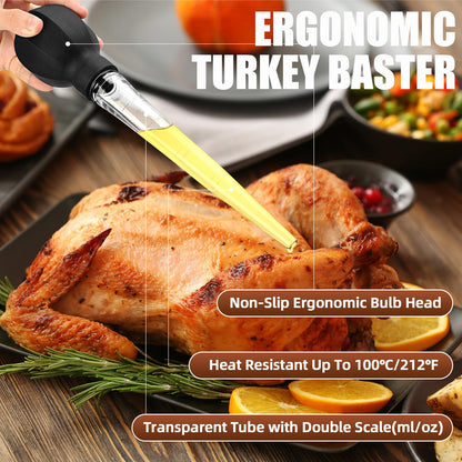 SCHVUBENR Large Turkey Baster with Cleaning Brush - Premium Baster Tool for Cooking - Easy to Use and Clean - Powerful Bulb Baster Syringe - Dishwasher Safe - Flavor Meat Poultry, Beef, Chicken(Black)