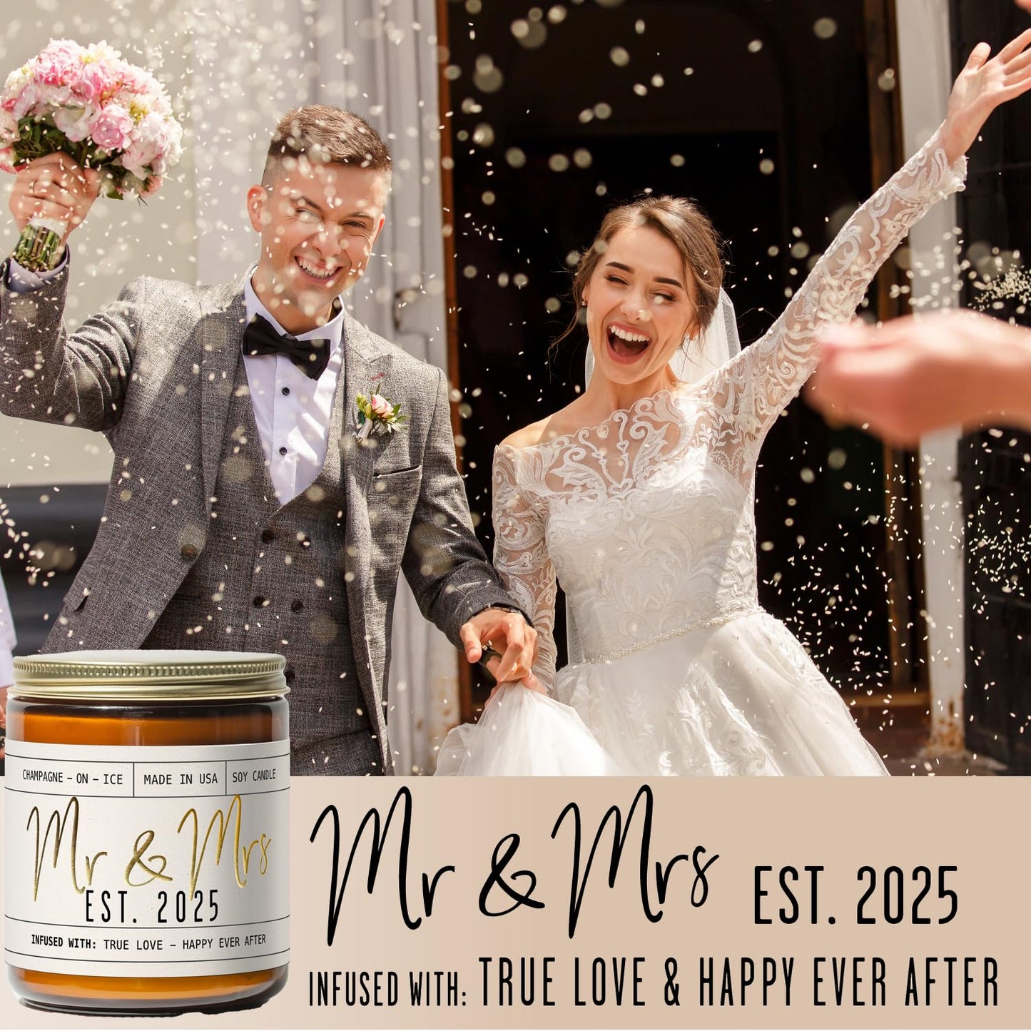 Wedding Gifts for Couples 2025, Bridal Shower Gifts from Bride - 'Mr & Mrs Est. 2025 Candle, w/Champagne on Ice I Wedding Shower for Newlyweds I 50Hr Burn, USA Made