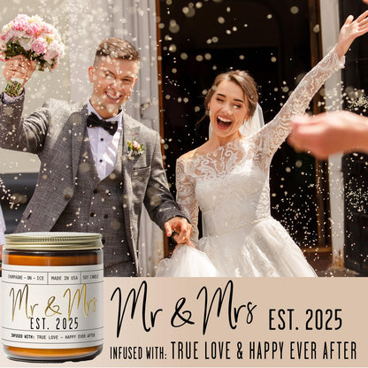 Wedding Gifts for Couples 2025, Bridal Shower Gifts from Bride - 'Mr & Mrs Est. 2025 Candle, w/Champagne on Ice I Wedding Shower for Newlyweds I 50Hr Burn, USA Made